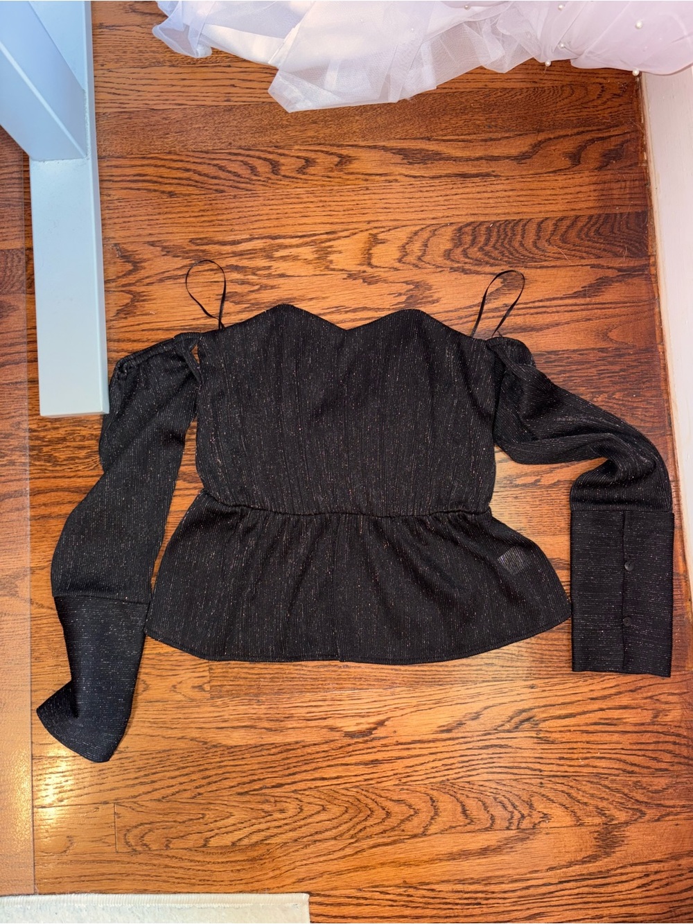 Black Sparkle Off-Shoulder Peplum Long Sleeve Top
